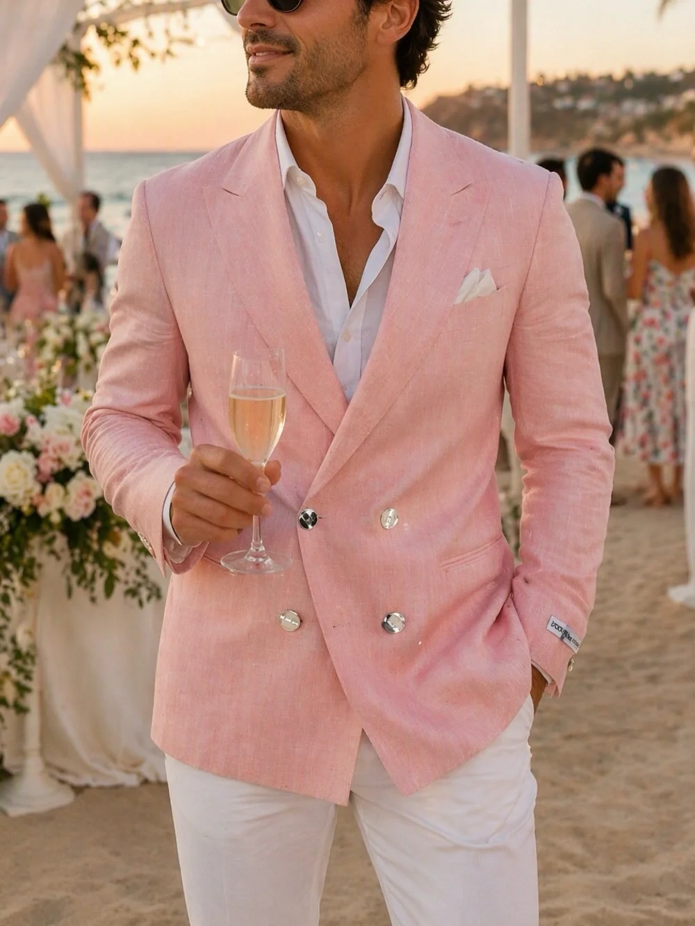 INTERNATIONAL SCENE Men Linen Pink Blazer L Double Breasted Groom Wedding Guest